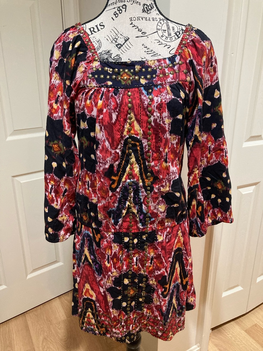 Angie Red and Black Patterned Long Sleeve Dress